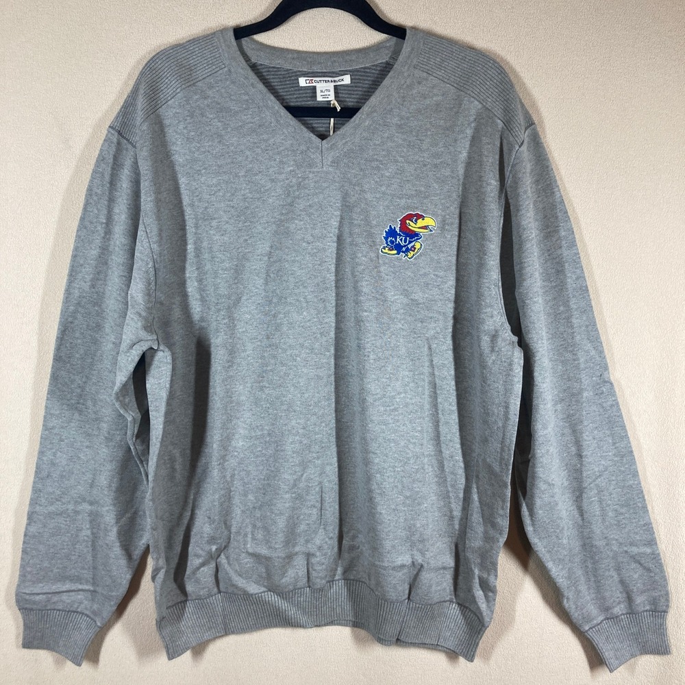 NWT Cutter & Buck KU Jayhawks Broadview V-Neck Sweater XL Grey Preppy‎ Classic